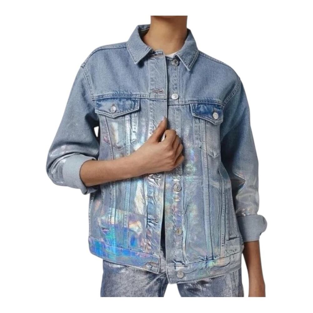 Topshop Moto Foil Iridescent Oversized Denim Jacket US 12